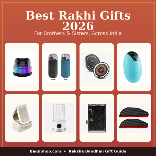 Best Rakhi Gifts 2026 gift guide banner featuring BagnShop products for brothers and sisters
