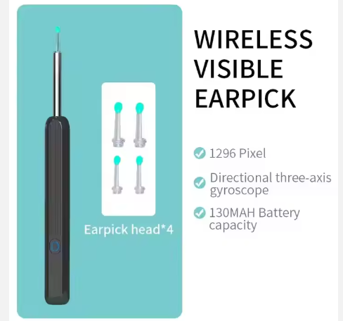 HD wireless ear wax removal camera with three-axis gyroscope, black handle, and green LED tip