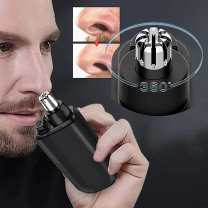 Compact black Easy Trim nose trimmer with stainless steel 360-degree rotating head