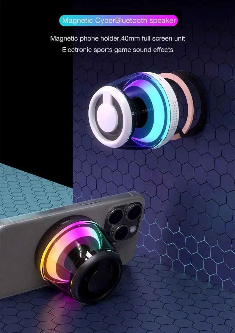 Compact wireless magnetic speaker with colorful LED ring and sleek black finish