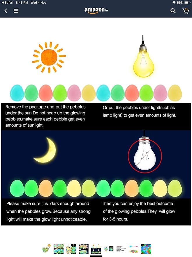 Colorful glow-in-dark garden rocks with step-by-step usage instructions