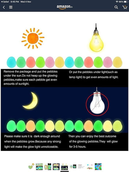 Colorful glow-in-dark garden rocks with step-by-step usage instructions