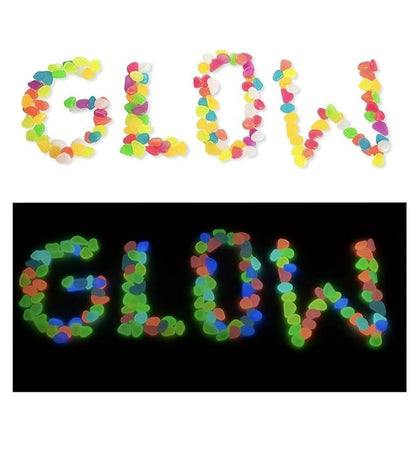 Colorful glow in dark garden rocks spelling GLOW in vibrant day and night views