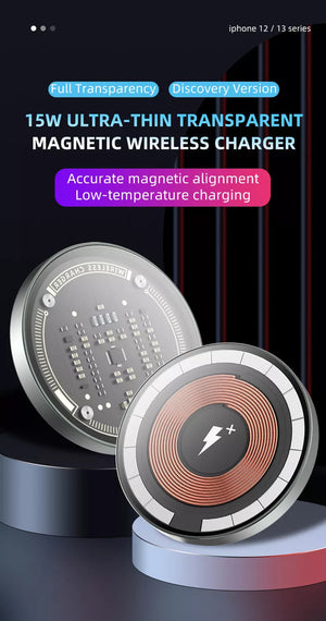 Ultra-thin transparent magnetic wireless charger with copper coil, ideal for fashion lifestyle products and household items. - BagnShop - Transparent Magnetic Wireless Charger for iPhone - appliance - Default Title