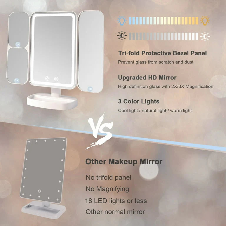 Foldable LED vanity mirror in white finish suitable for travel and home use