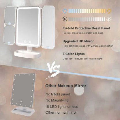 Foldable LED vanity mirror in white finish suitable for travel and home use