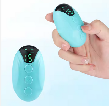 Compact light blue sleep relaxing therapy device with digital display and three buttons