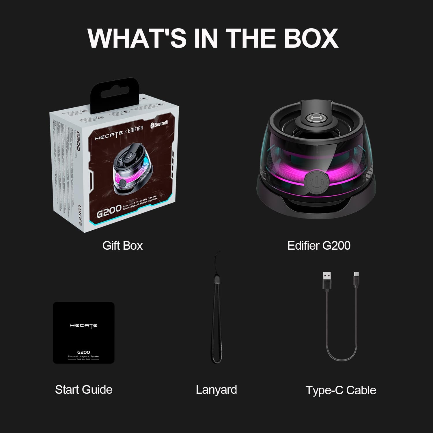 Compact wireless magnetic speaker with purple LED lights, lanyard, Type-C cable, start guide, and gift box