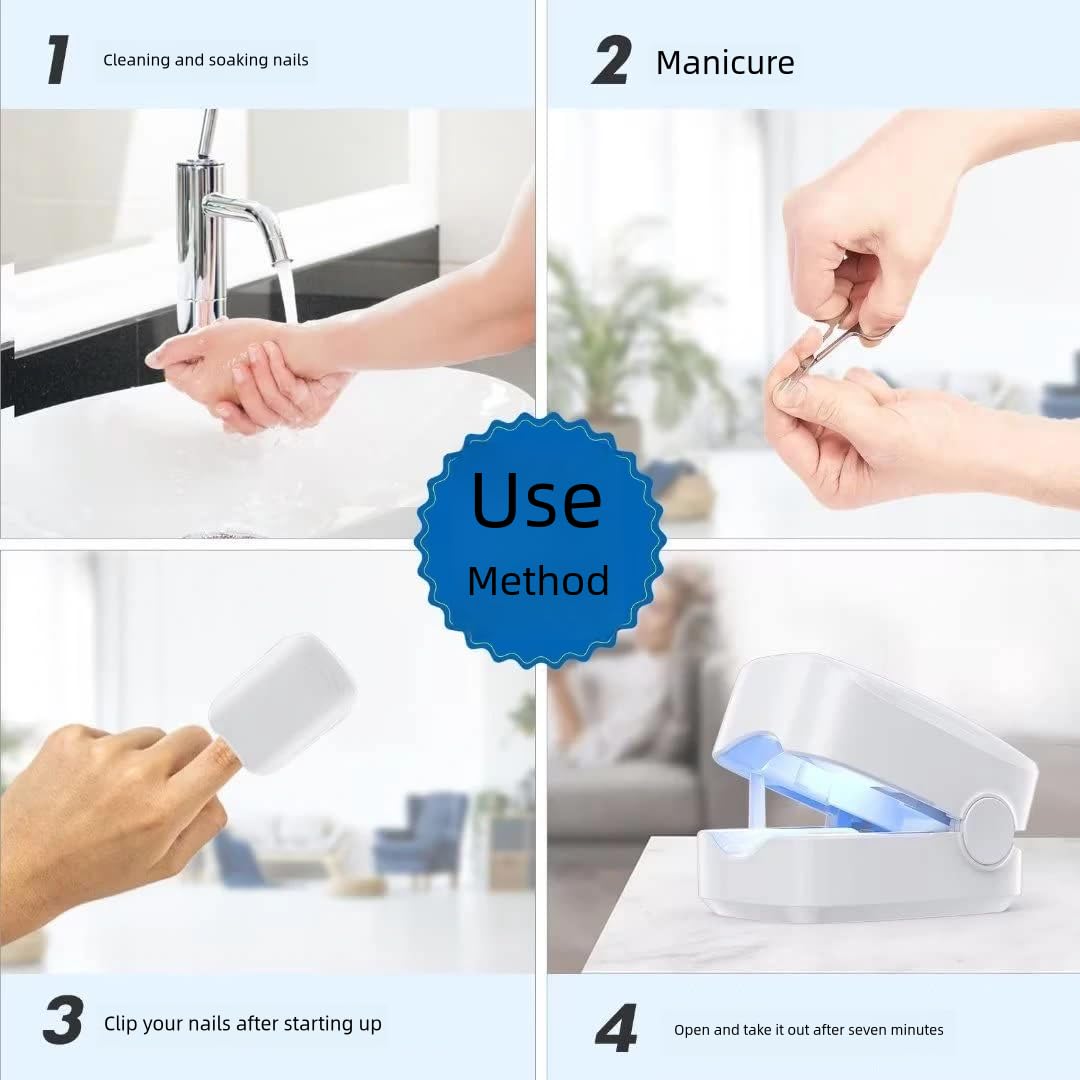 Nail fungus removal laser device illustrating steps for cleaning, manicuring, and clipping nails