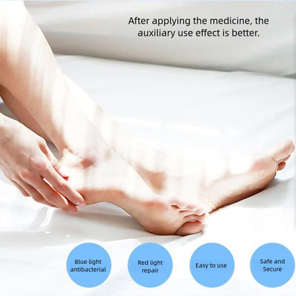 Person applying nail fungus removal laser device on foot