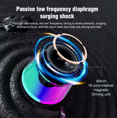 Compact wireless magnetic speaker with vivid blue and purple metallic finish
