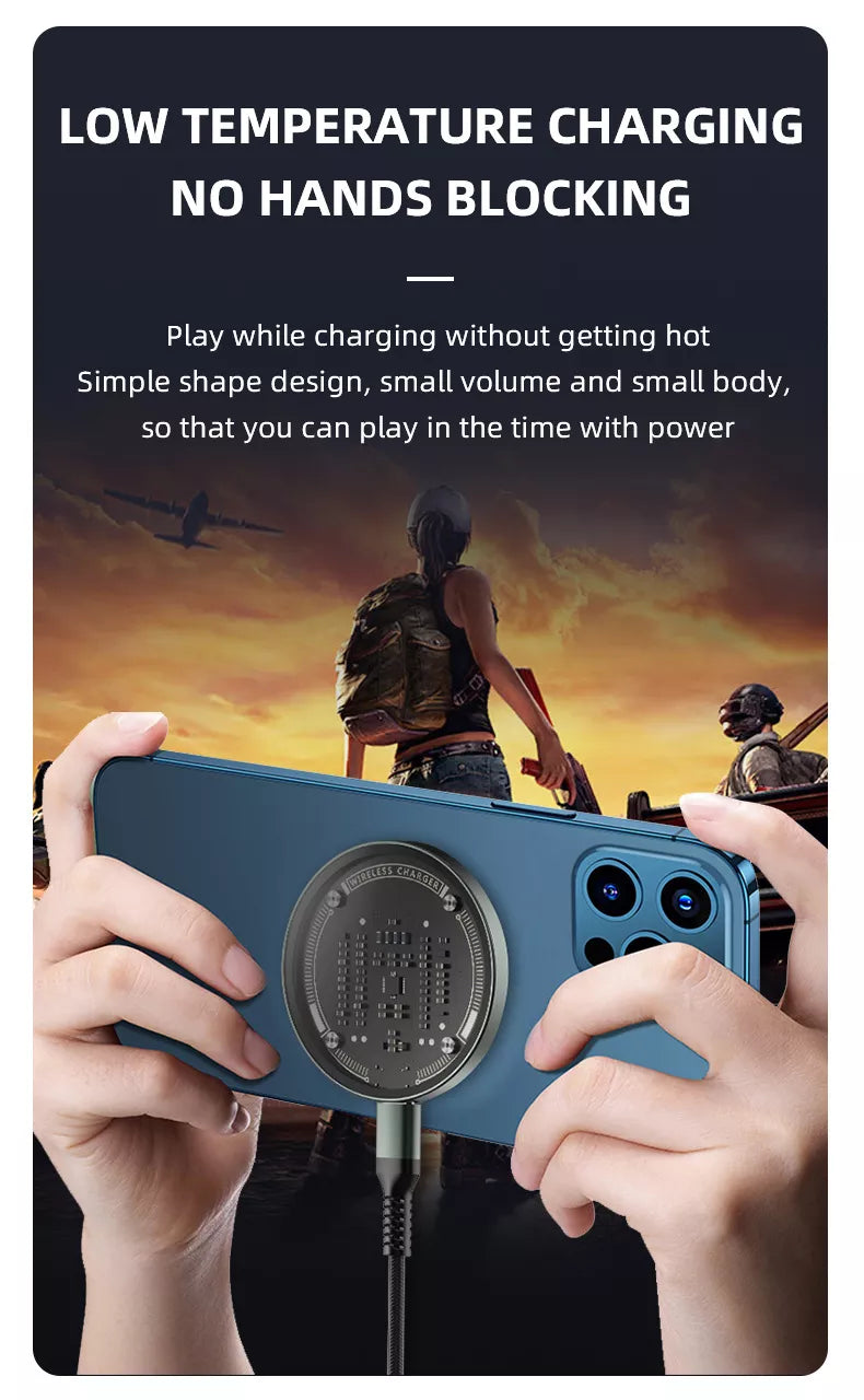 Transparent magnetic wireless charger attached to blue iPhone with magnetic alignment