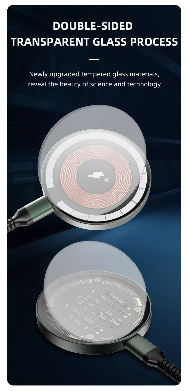 Transparent magnetic wireless charger with double-sided glass design