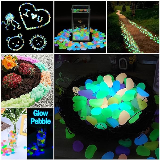 Colorful glow-in-dark garden rocks illuminating pathways and decorative arrangements