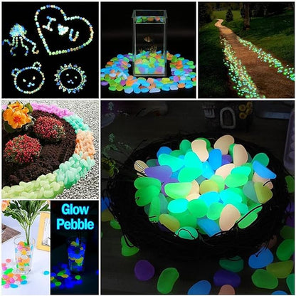 Colorful glow-in-dark garden rocks illuminating pathways and decorative arrangements