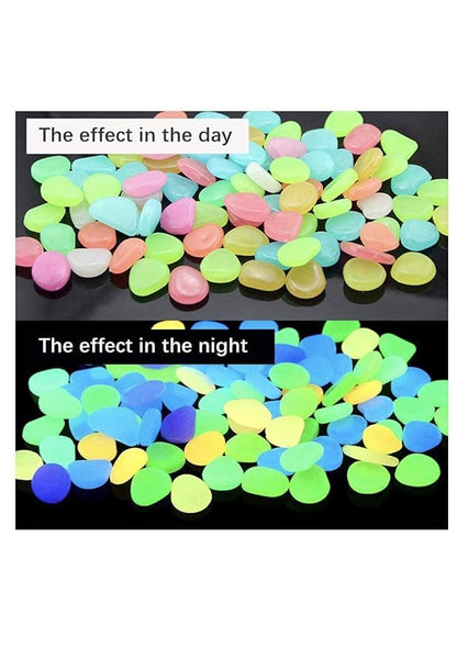 Colorful smooth garden rocks in pastel shades, glowing blue and green in the dark