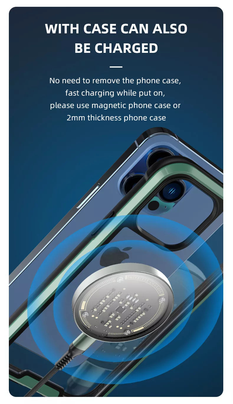 Transparent magnetic wireless charger attached to iPhone with slim case