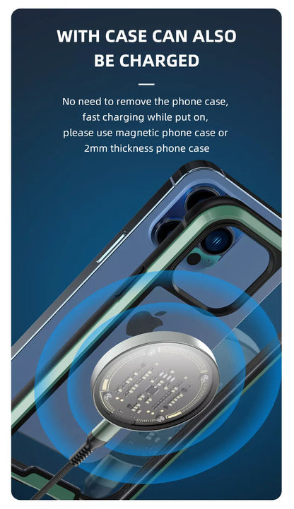 Transparent magnetic wireless charger attached to iPhone with slim case
