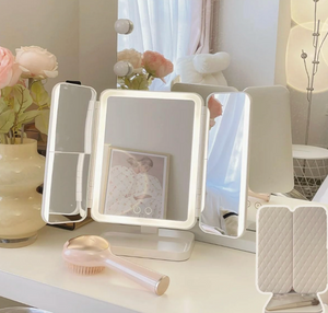 Multifold LED mirror open showing three-panel folding design and built-in lighting