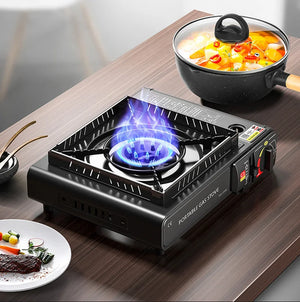 Compact gas stove with windshield design for camping and outdoor adventures