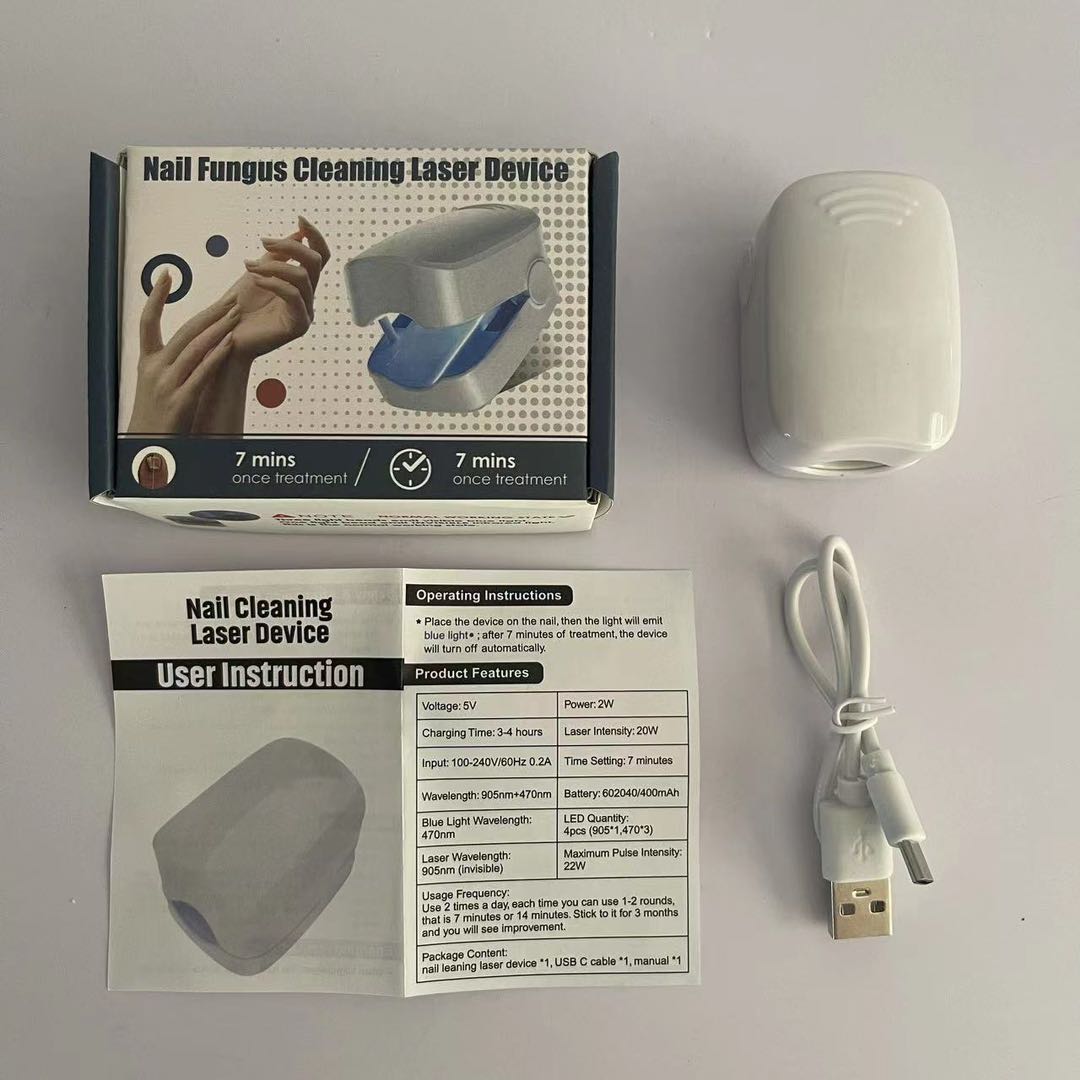 Compact white nail fungus removal laser device with USB cable, instruction manual, and packaging