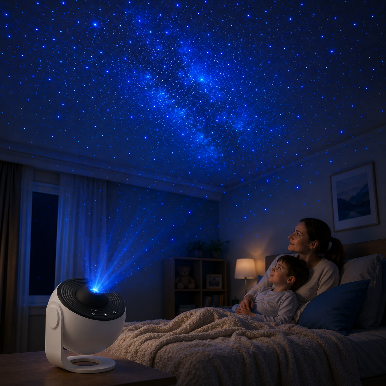 Star projector filling a dark bedroom ceiling with a blue galaxy while a mother and child watch from bed