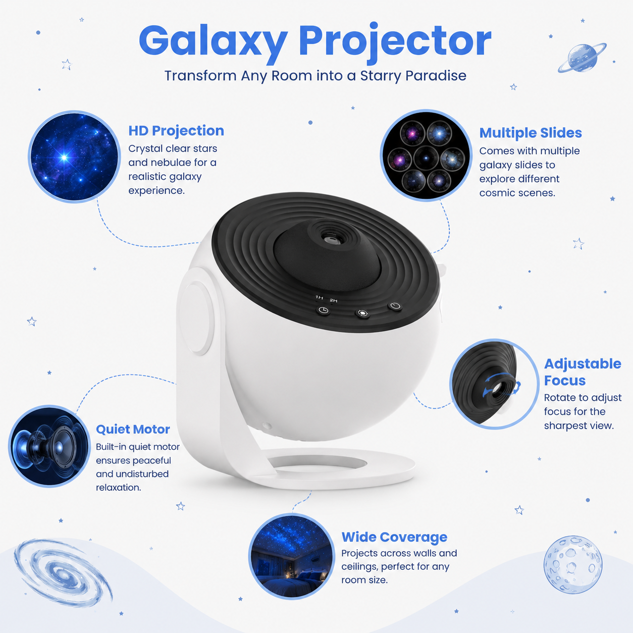 Galaxy projector features: HD star projection, multiple galaxy slides, adjustable focus, quiet motor, wide ceiling coverage