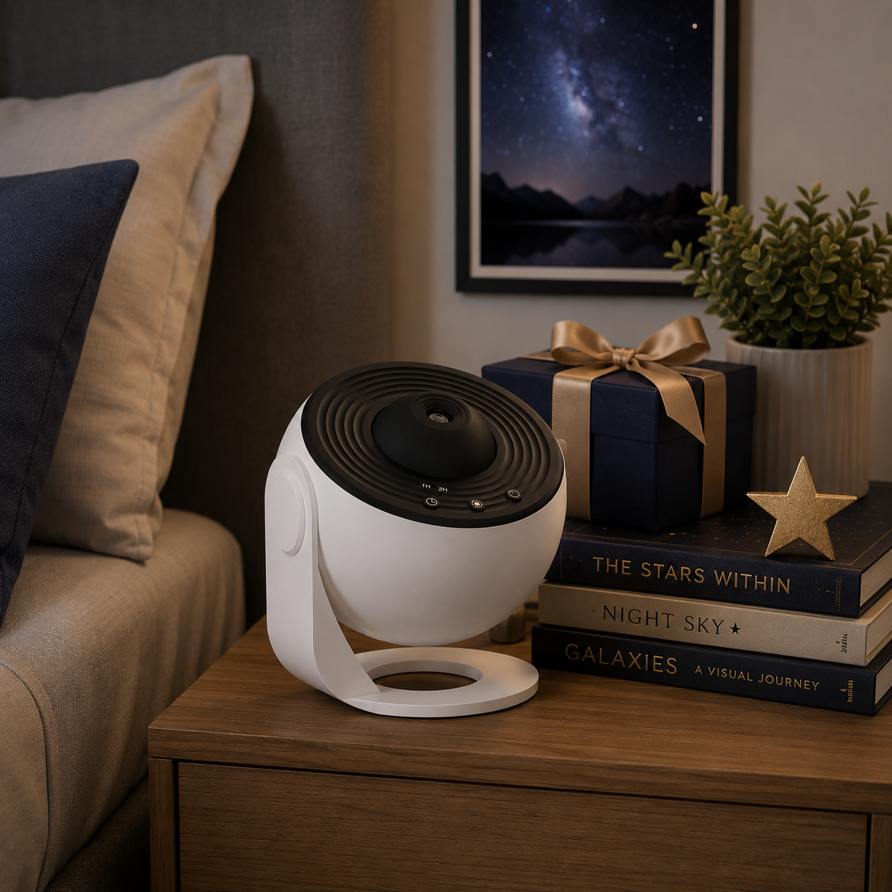 Planetarium star globe projector on a bedside table beside books and a gift box