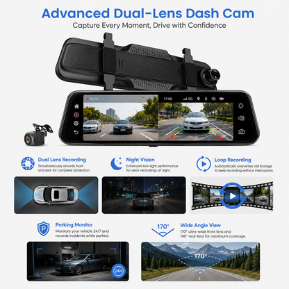 Dual Lens Dash Cam Mirror with GPS