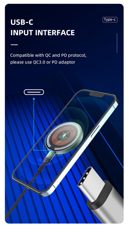 Transparent magnetic wireless charger with USB-C input compatible with QC3.0 or PD adaptor