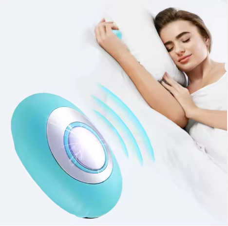 Blue oval sleep relaxing therapy device emitting calming waves near woman sleeping