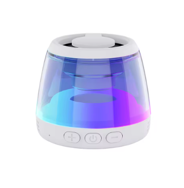 Compact white wireless magnetic speaker with blue and purple gradient light
