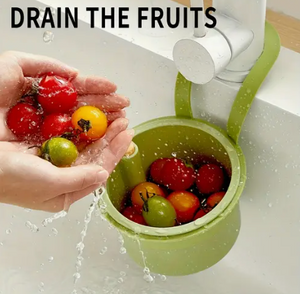 Green 2-in-1 kitchen strainer cum basket draining mixed cherry tomatoes under running water, ideal for kitchen & dining and. - BagnShop - 2 in 1 Kitchen Strainer Cum Basket - default