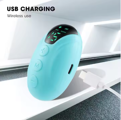 Compact turquoise sleep therapy device with LED screen, three buttons, and USB charging port