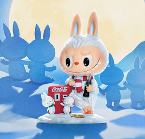 Festive Labubu collectible figure holding cola bottle with two white bunny home decor items on snow base, lifestyle gift. - BagnShop - Labubu Mystery Box Labubu 1st Generation Mystery Box - New Arrivals, Perfect Gift - Default Title
