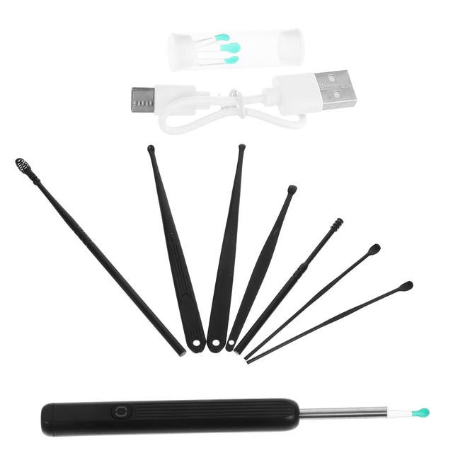 Black HD wireless ear wax removal camera with seven silicone tips, USB charging cable, and cleaning brush
