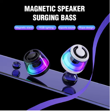 Compact wireless magnetic speaker with RGB lighting in sleek black and blue design