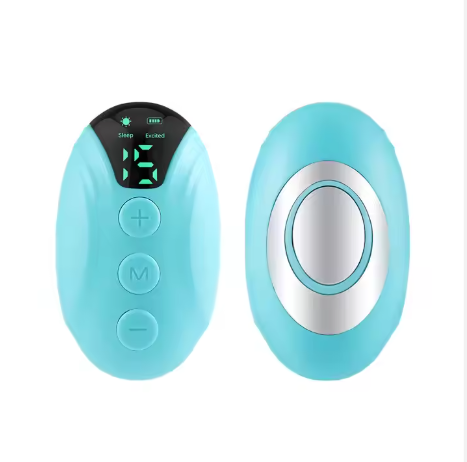 Compact turquoise sleep relaxing therapy device with LCD screen and control buttons
