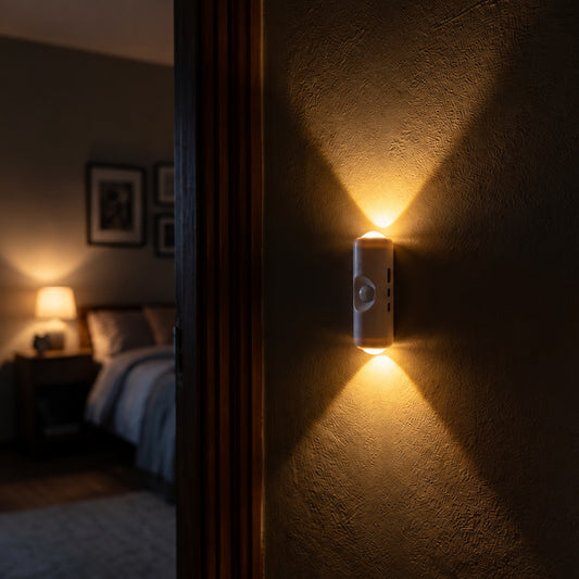 Motion Sensor Wall Light glowing warm on a wall outside a bedroom at night