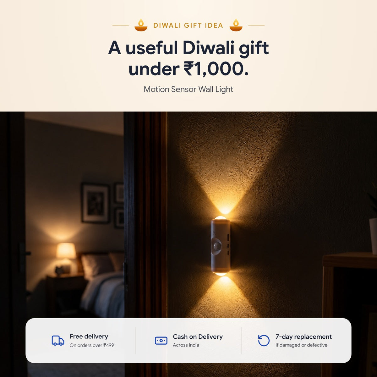 Motion Sensor Wall Light as a Diwali gift idea under ₹1,000 - free delivery over ₹499, Cash on Delivery, 7-day replacement